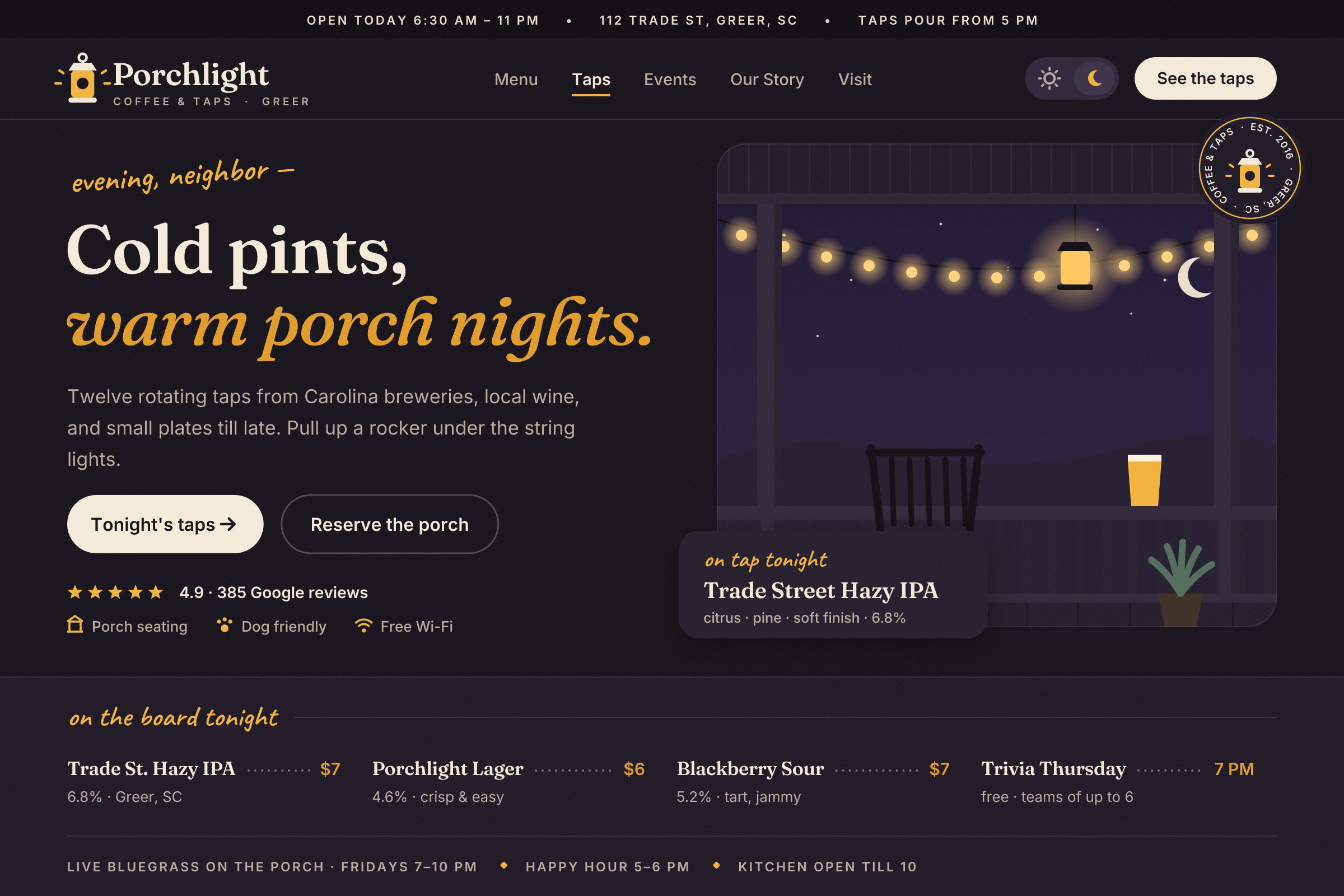 The same Porchlight homepage in night mode — deep plum and amber, the headline "Cold pints, warm porch nights.", the porch illustration under glowing string lights with a crescent moon and a pint on the railing, and tonight's tap list with prices.