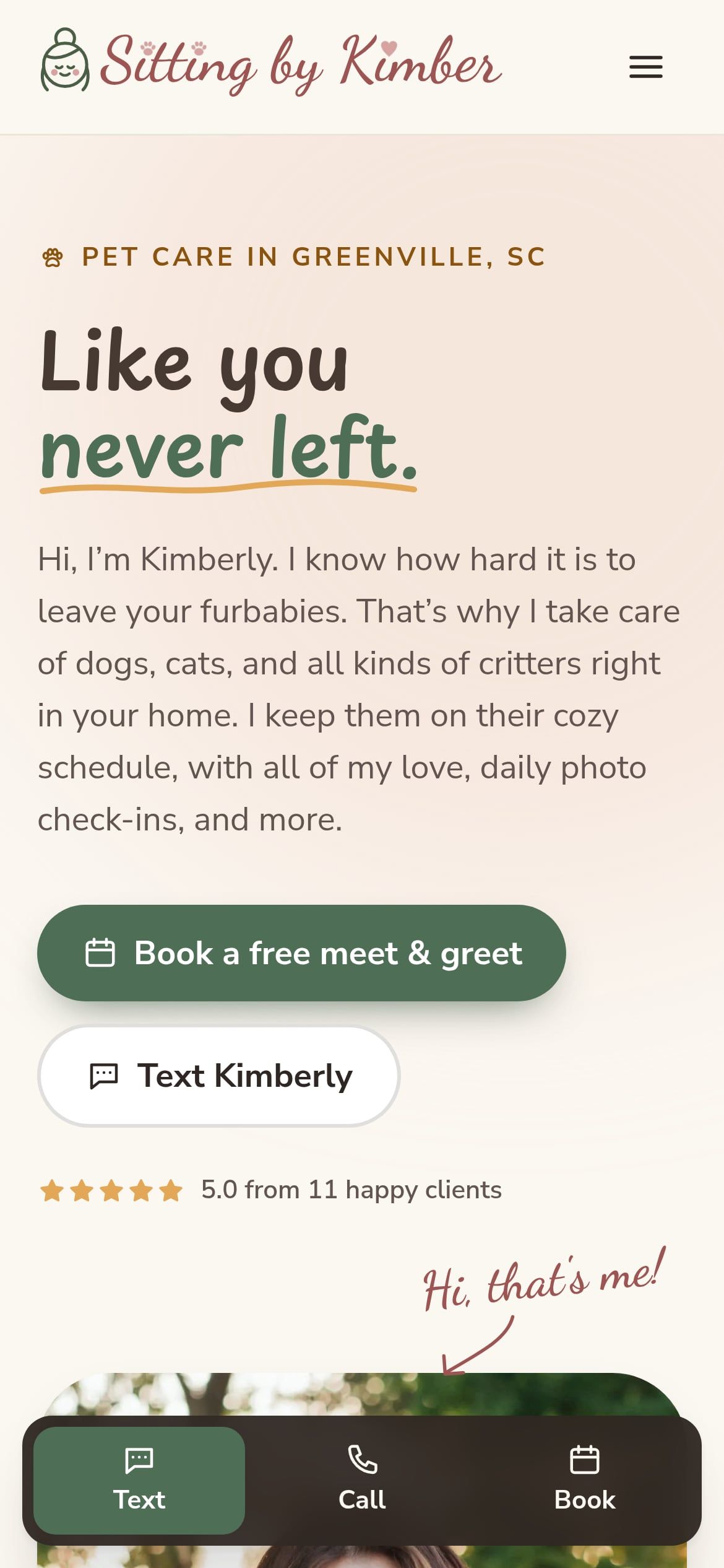 The homepage on a phone, with the headline "Like you never left.", Book and Text buttons, and a Text / Call / Book bar pinned to the bottom of the screen.