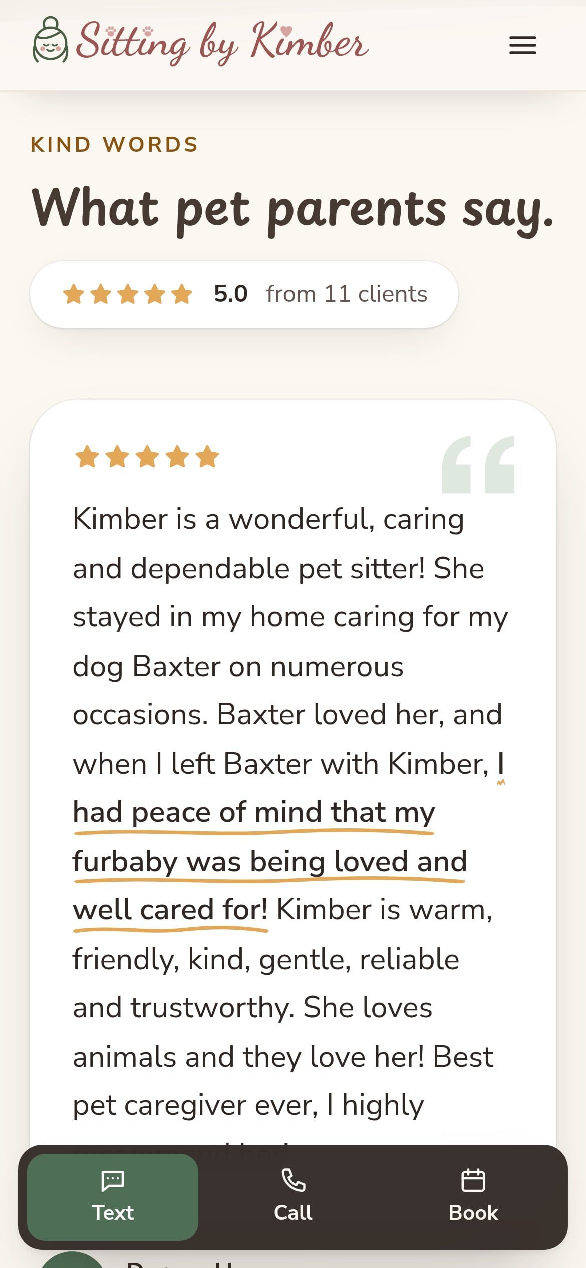 The reviews section on a phone, with a 5.0 from 11 clients badge and a five-star review with its best line underlined by hand.